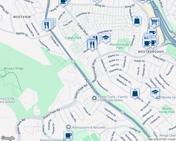 map of restaurants, bars, coffee shops, grocery stores, and more near 3470 Carter Drive in South San Francisco