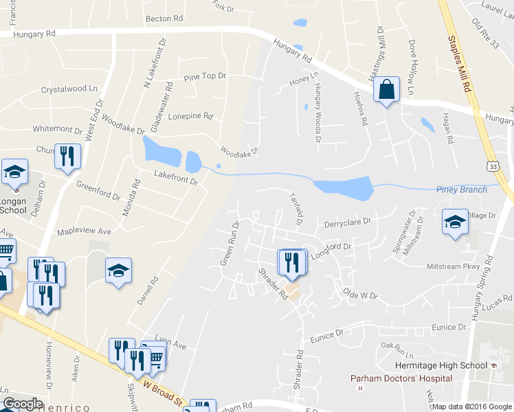 map of restaurants, bars, coffee shops, grocery stores, and more near 4922 Lurgan Place in Henrico