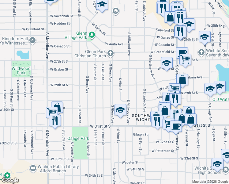 map of restaurants, bars, coffee shops, grocery stores, and more near 3015 South Glenn Avenue in Wichita
