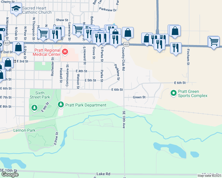 map of restaurants, bars, coffee shops, grocery stores, and more near 1418 East 6th Street in Pratt