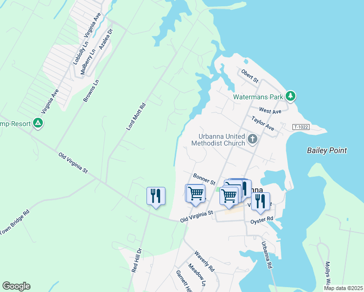 map of restaurants, bars, coffee shops, grocery stores, and more near 460 Taber Lane in Urbanna