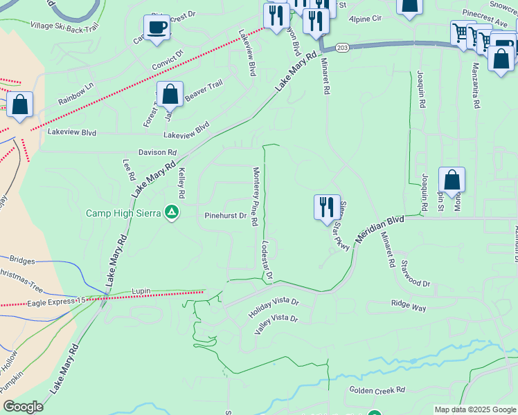 map of restaurants, bars, coffee shops, grocery stores, and more near 260 Monterey Pine Road in Mammoth Lakes