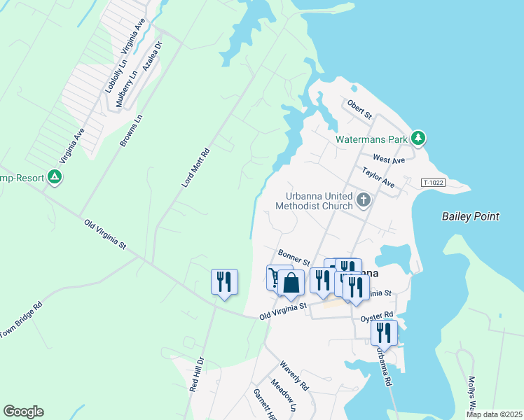 map of restaurants, bars, coffee shops, grocery stores, and more near 460 Taber Lane in Urbanna