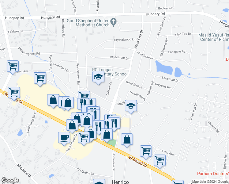 map of restaurants, bars, coffee shops, grocery stores, and more near 3808 West End Drive in Richmond