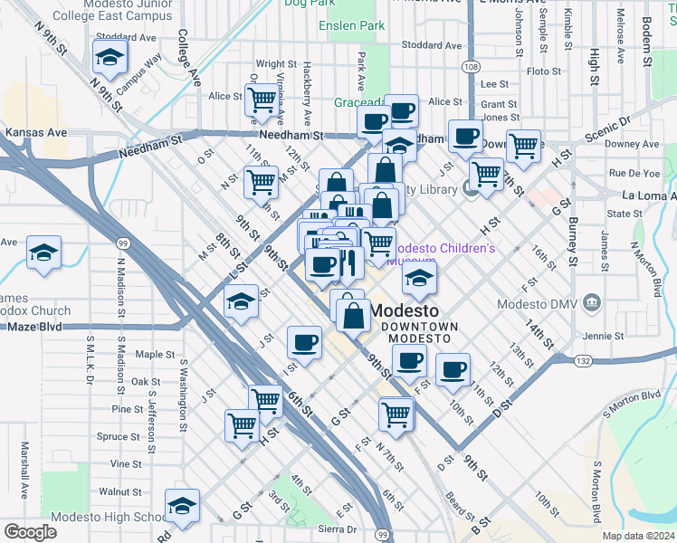 map of restaurants, bars, coffee shops, grocery stores, and more near 1023 J Street in Modesto