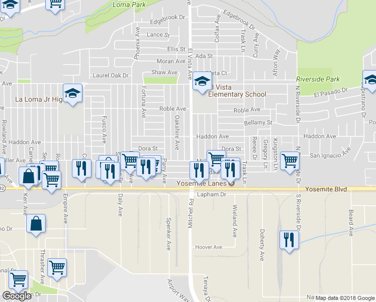 map of restaurants, bars, coffee shops, grocery stores, and more near 217 El Vista Avenue in Modesto