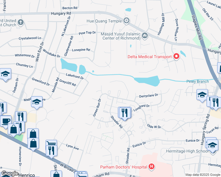 map of restaurants, bars, coffee shops, grocery stores, and more near 4924 Lurgan Place in Richmond