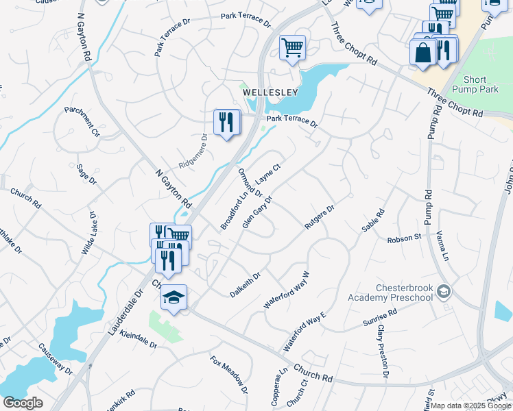 map of restaurants, bars, coffee shops, grocery stores, and more near 2840 Glen Gary Drive in Richmond