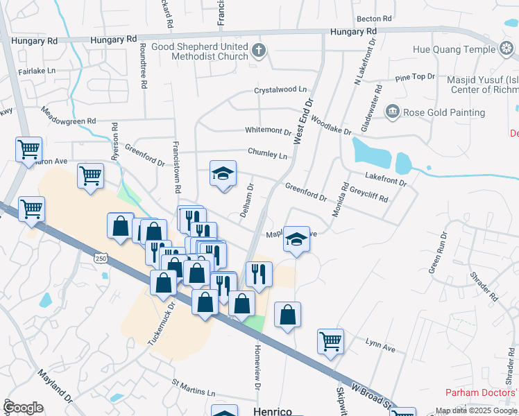 map of restaurants, bars, coffee shops, grocery stores, and more near 3809 Delham Drive in Richmond