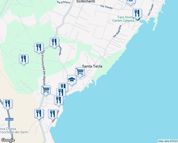 map of restaurants, bars, coffee shops, grocery stores, and more near 313 Via Canale Torto in Acireale