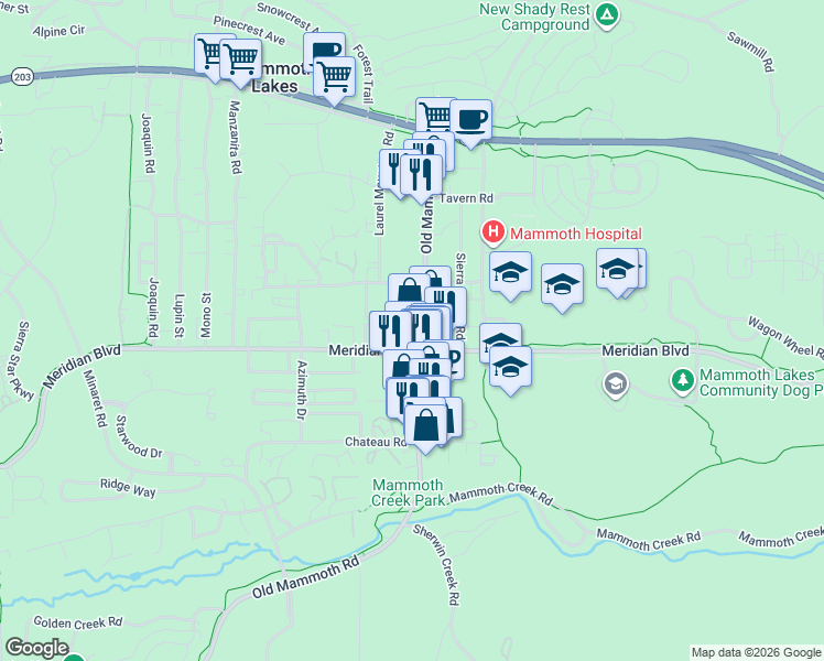 map of restaurants, bars, coffee shops, grocery stores, and more near 362 Old Mammoth Road in Mammoth Lakes