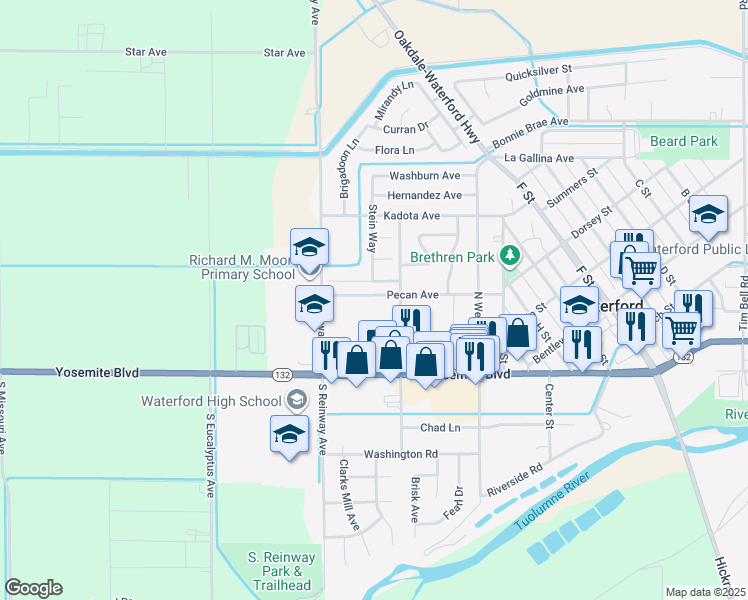 map of restaurants, bars, coffee shops, grocery stores, and more near 12066 Pecan Avenue in Waterford