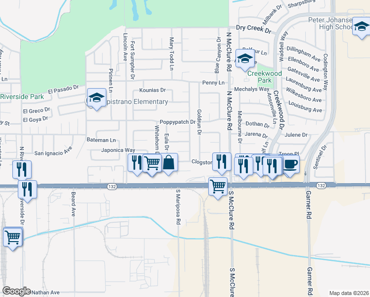map of restaurants, bars, coffee shops, grocery stores, and more near 3217 April Court in Modesto