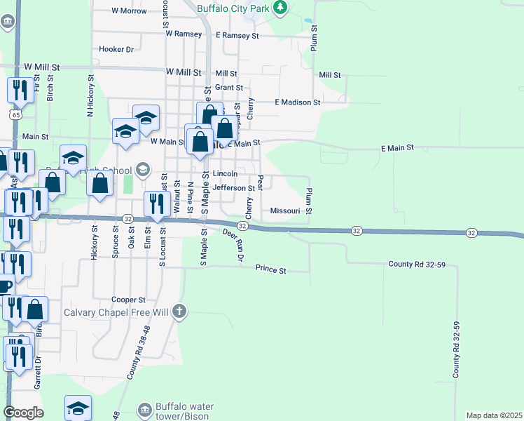 map of restaurants, bars, coffee shops, grocery stores, and more near 601 Missouri in Buffalo