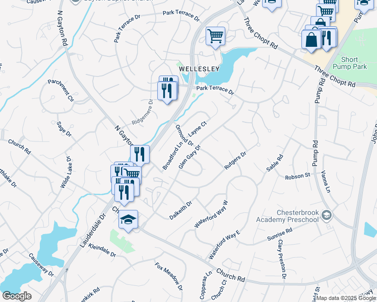 map of restaurants, bars, coffee shops, grocery stores, and more near 2840 Glen Gary Drive in Richmond