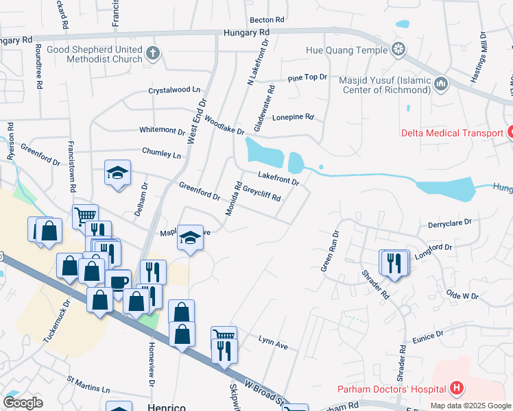 map of restaurants, bars, coffee shops, grocery stores, and more near 8708 Greenford Drive in Henrico