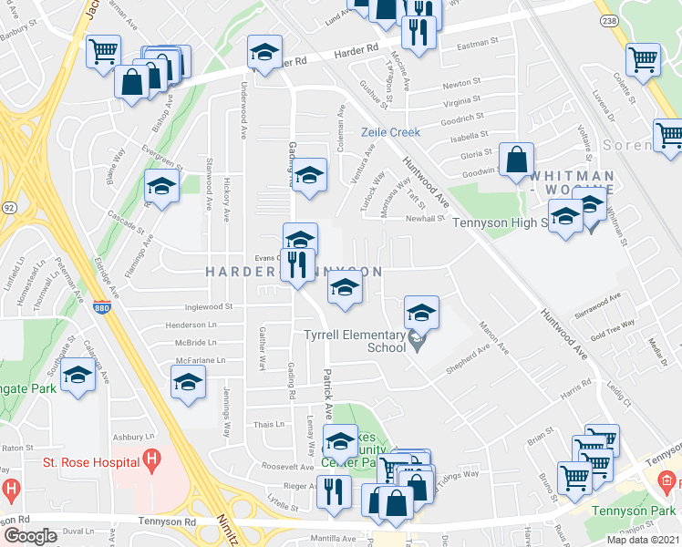 map of restaurants, bars, coffee shops, grocery stores, and more near 876 Schafer Road in Hayward