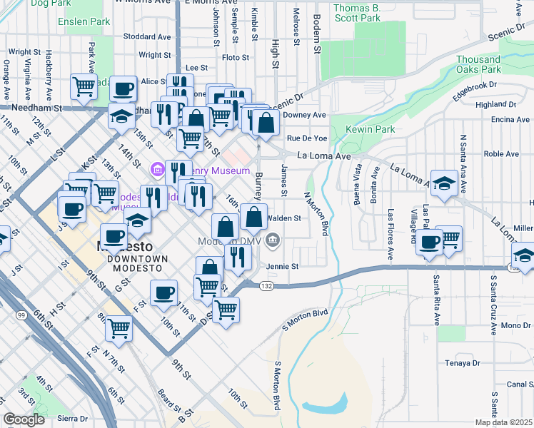 map of restaurants, bars, coffee shops, grocery stores, and more near 109 Walden Street in Modesto