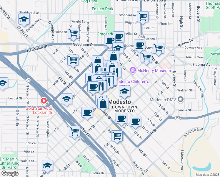map of restaurants, bars, coffee shops, grocery stores, and more near in Modesto