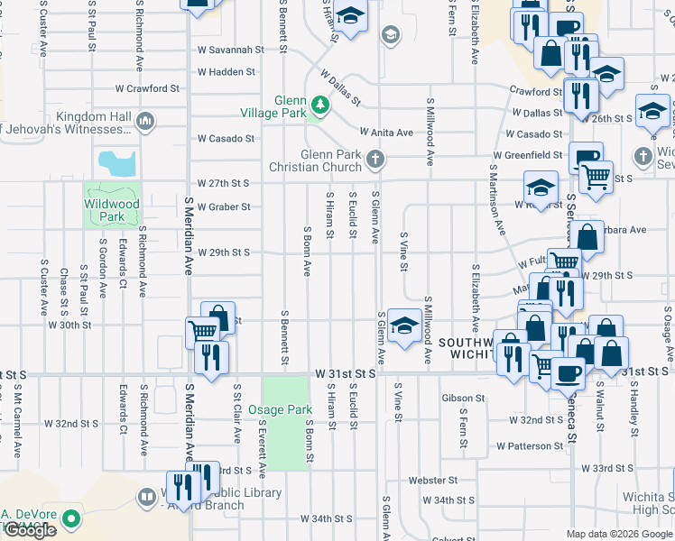 map of restaurants, bars, coffee shops, grocery stores, and more near 3015 South Euclid Street in Wichita