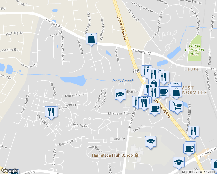 map of restaurants, bars, coffee shops, grocery stores, and more near 8754 Springwater Drive in Henrico