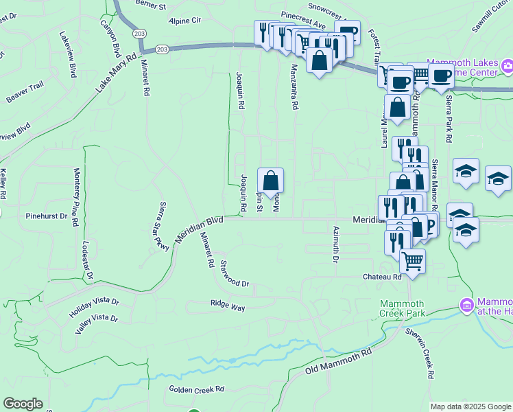map of restaurants, bars, coffee shops, grocery stores, and more near 504 Mono Street in Mammoth Lakes