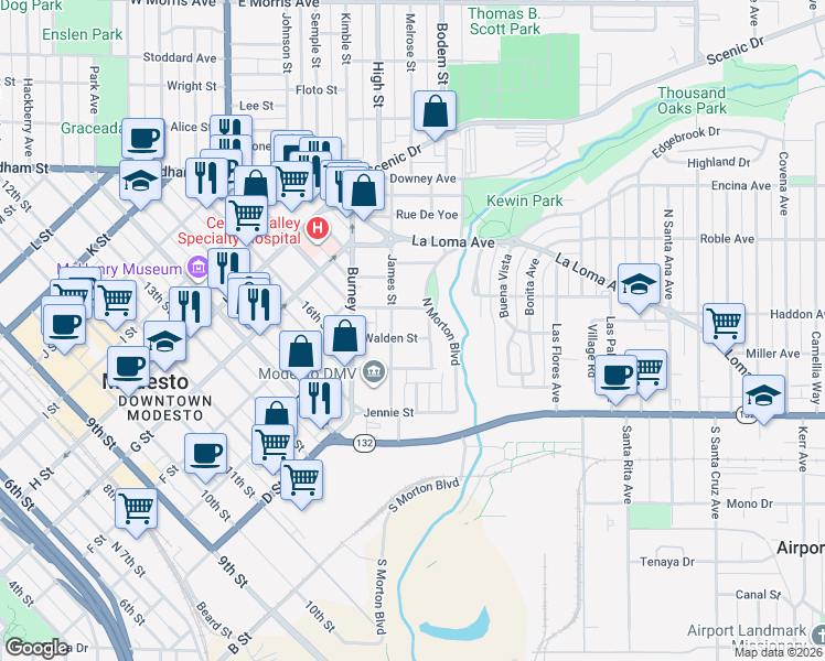 map of restaurants, bars, coffee shops, grocery stores, and more near 214 James Street in Modesto