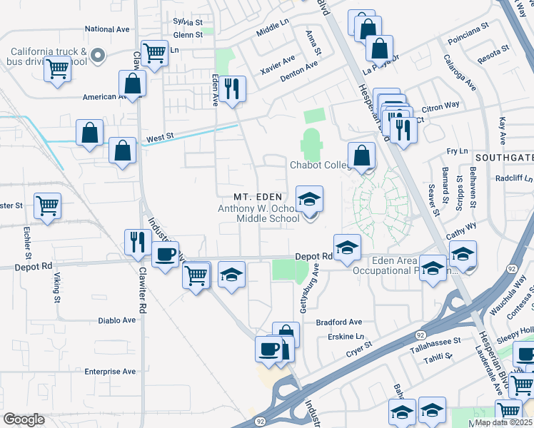 map of restaurants, bars, coffee shops, grocery stores, and more near 25066 Dania Lane in Hayward