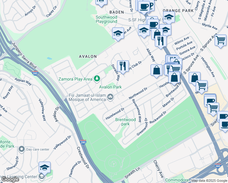 map of restaurants, bars, coffee shops, grocery stores, and more near 340 Alta Vista Drive in South San Francisco