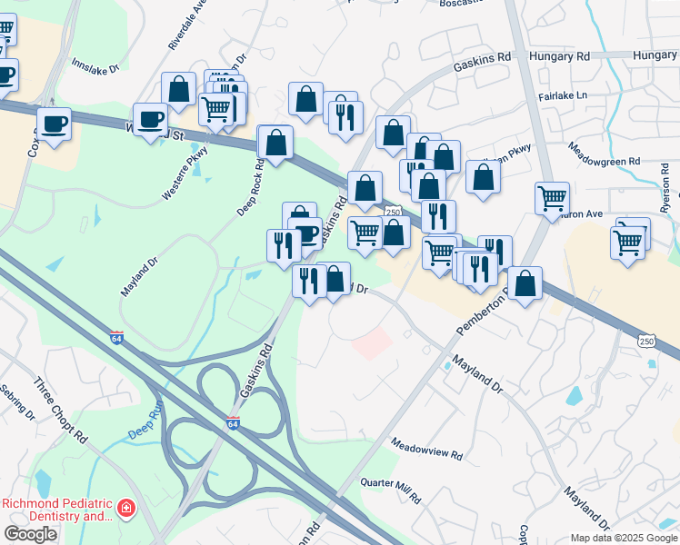 map of restaurants, bars, coffee shops, grocery stores, and more near 3811 Gaskins Road in Henrico