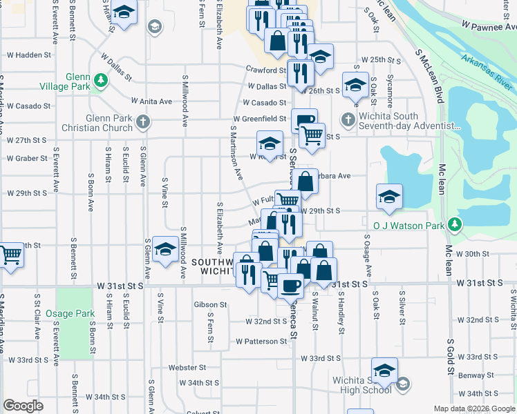 map of restaurants, bars, coffee shops, grocery stores, and more near 1215 West Fultz Street in Wichita