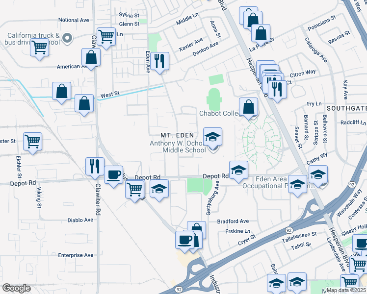 map of restaurants, bars, coffee shops, grocery stores, and more near 25066 Dania Lane in Hayward