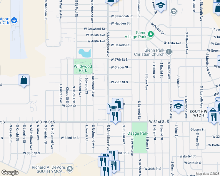 map of restaurants, bars, coffee shops, grocery stores, and more near 2428 West Sunnybrook Street in Wichita