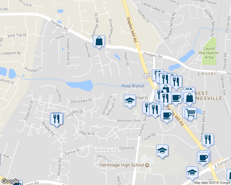 map of restaurants, bars, coffee shops, grocery stores, and more near 8748 Springwater Drive in Richmond
