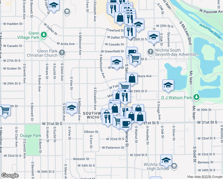 map of restaurants, bars, coffee shops, grocery stores, and more near 1215 West Fultz Street in Wichita