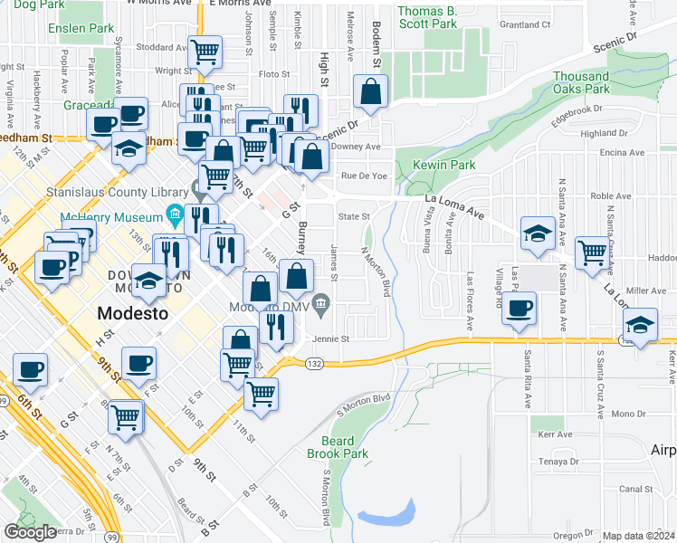 map of restaurants, bars, coffee shops, grocery stores, and more near 201 Walden Street in Modesto