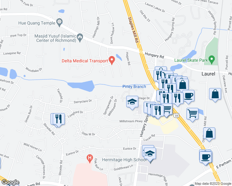 map of restaurants, bars, coffee shops, grocery stores, and more near 8746 Springwater Drive in Richmond