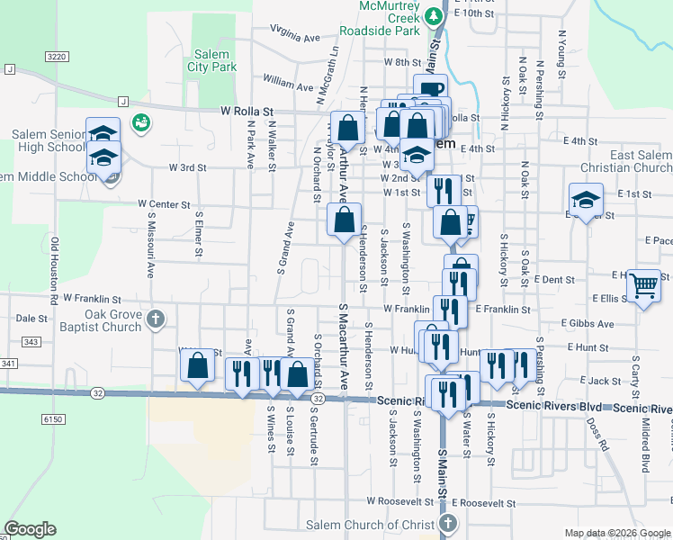 map of restaurants, bars, coffee shops, grocery stores, and more near 301 South Macarthur Avenue in Salem