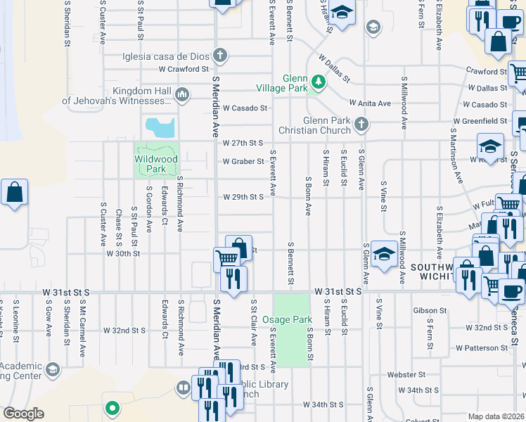 map of restaurants, bars, coffee shops, grocery stores, and more near 2216 West Sunnybrook Street in Wichita