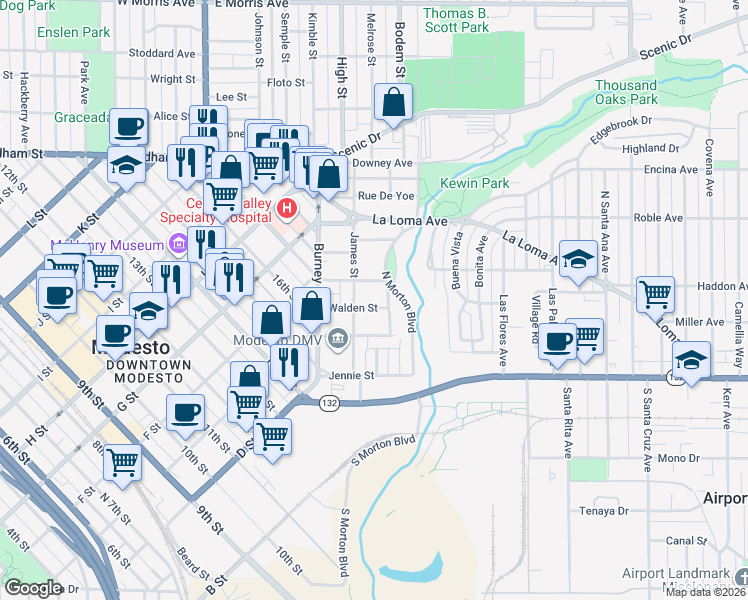 map of restaurants, bars, coffee shops, grocery stores, and more near 214 James Street in Modesto