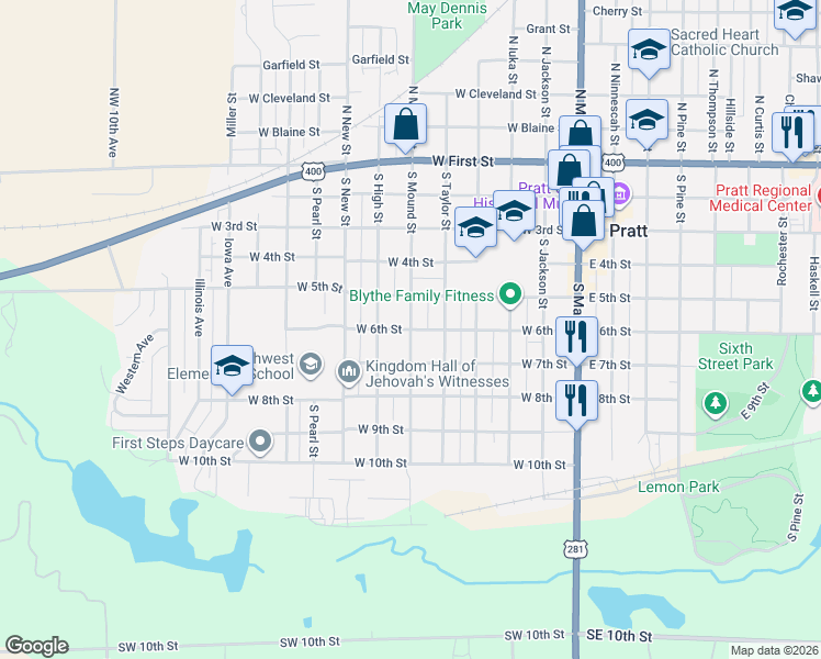 map of restaurants, bars, coffee shops, grocery stores, and more near 598 West 6th Street in Pratt