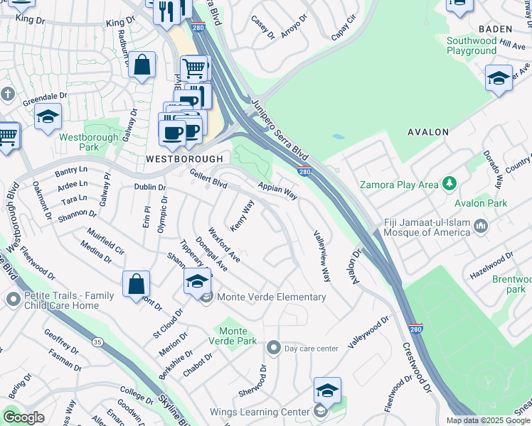 map of restaurants, bars, coffee shops, grocery stores, and more near 2225 Derry Way in South San Francisco