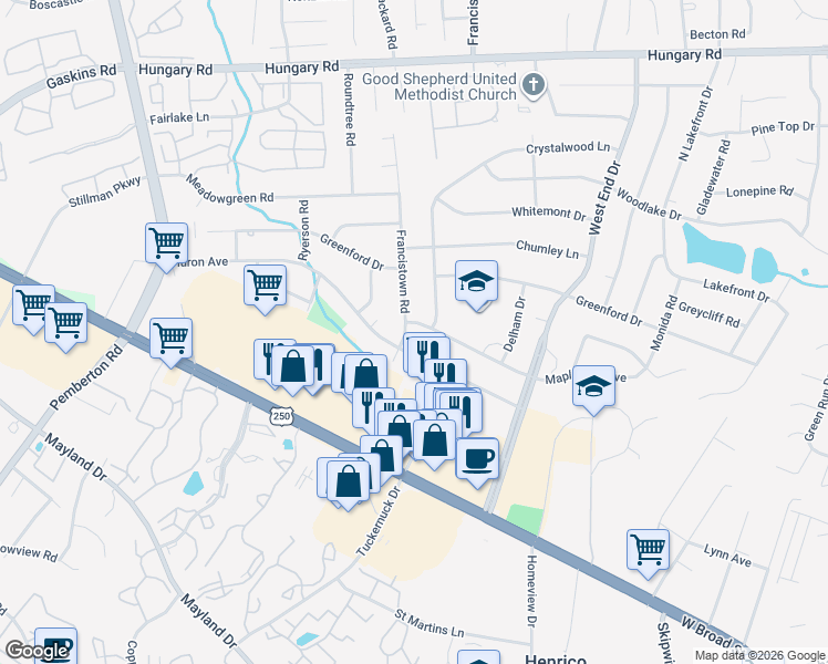 map of restaurants, bars, coffee shops, grocery stores, and more near 3802 Francistown Road in Richmond