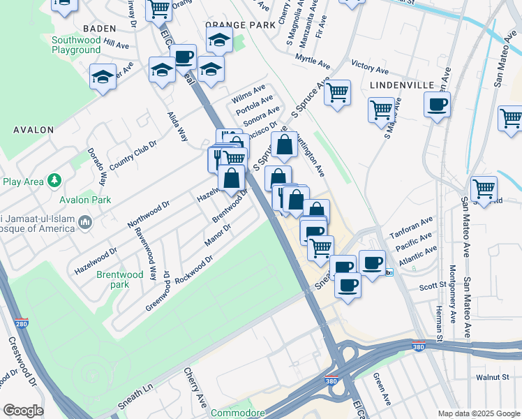 map of restaurants, bars, coffee shops, grocery stores, and more near 115 Rockwood Drive in South San Francisco