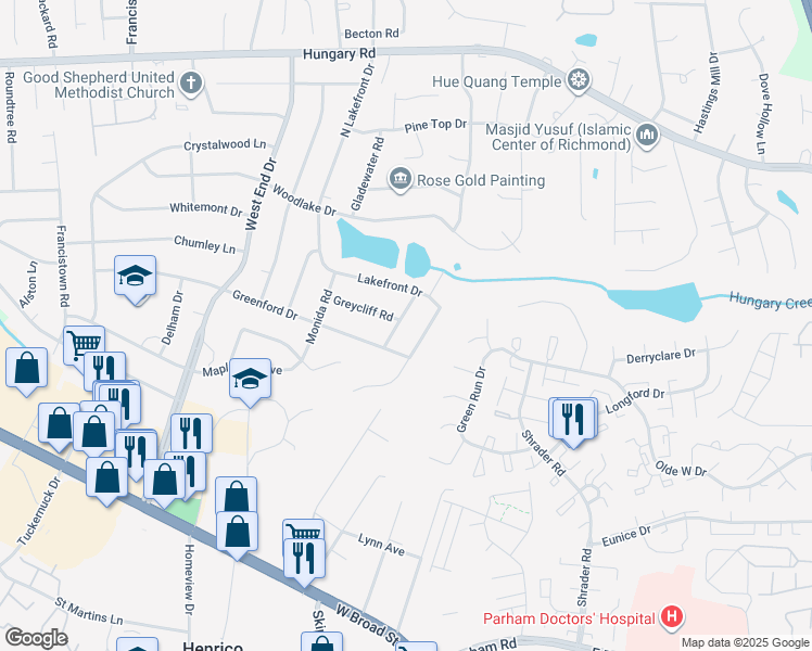 map of restaurants, bars, coffee shops, grocery stores, and more near 3907 Sunburst Road in Richmond