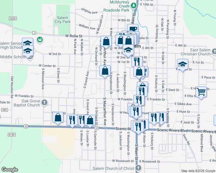 map of restaurants, bars, coffee shops, grocery stores, and more near 301 South Macarthur Avenue in Salem