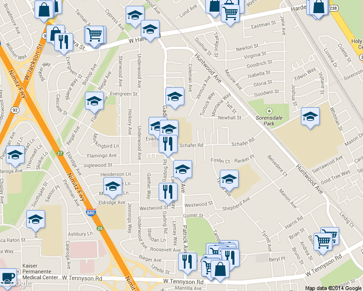 map of restaurants, bars, coffee shops, grocery stores, and more near 920 Schafer Road in Hayward