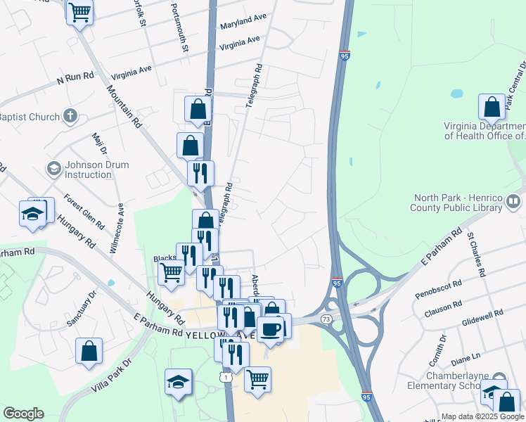 map of restaurants, bars, coffee shops, grocery stores, and more near 1000 Columbus Avenue in Glen Allen