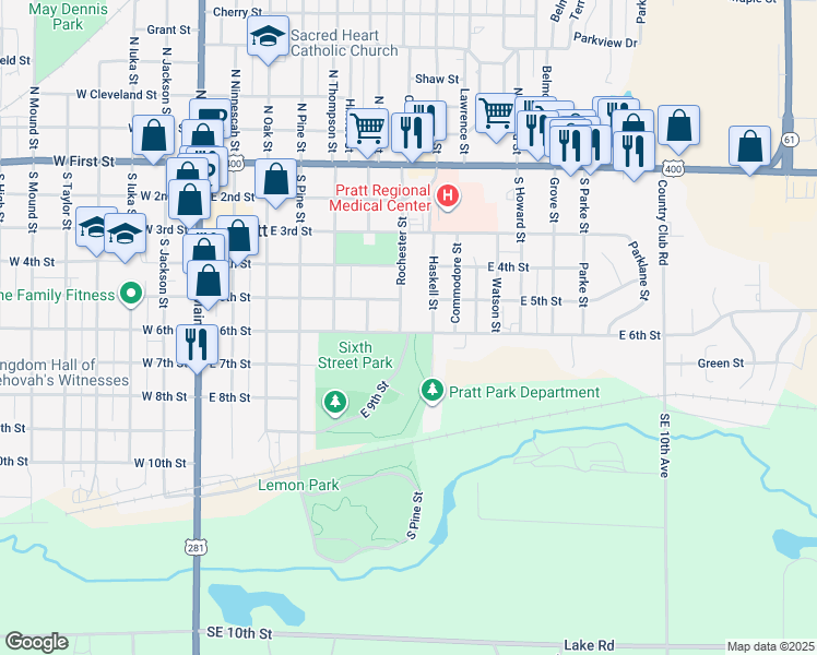 map of restaurants, bars, coffee shops, grocery stores, and more near 1707 East 6th Street in Pratt