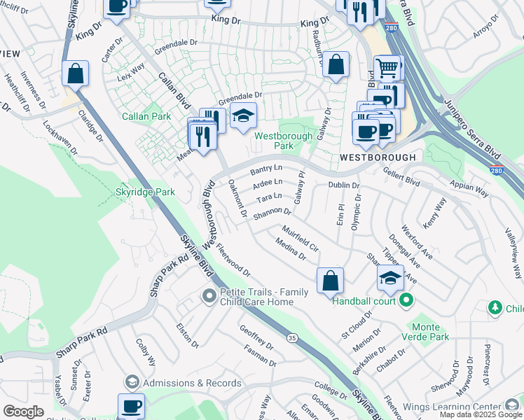 map of restaurants, bars, coffee shops, grocery stores, and more near 2225 Shannon Drive in South San Francisco